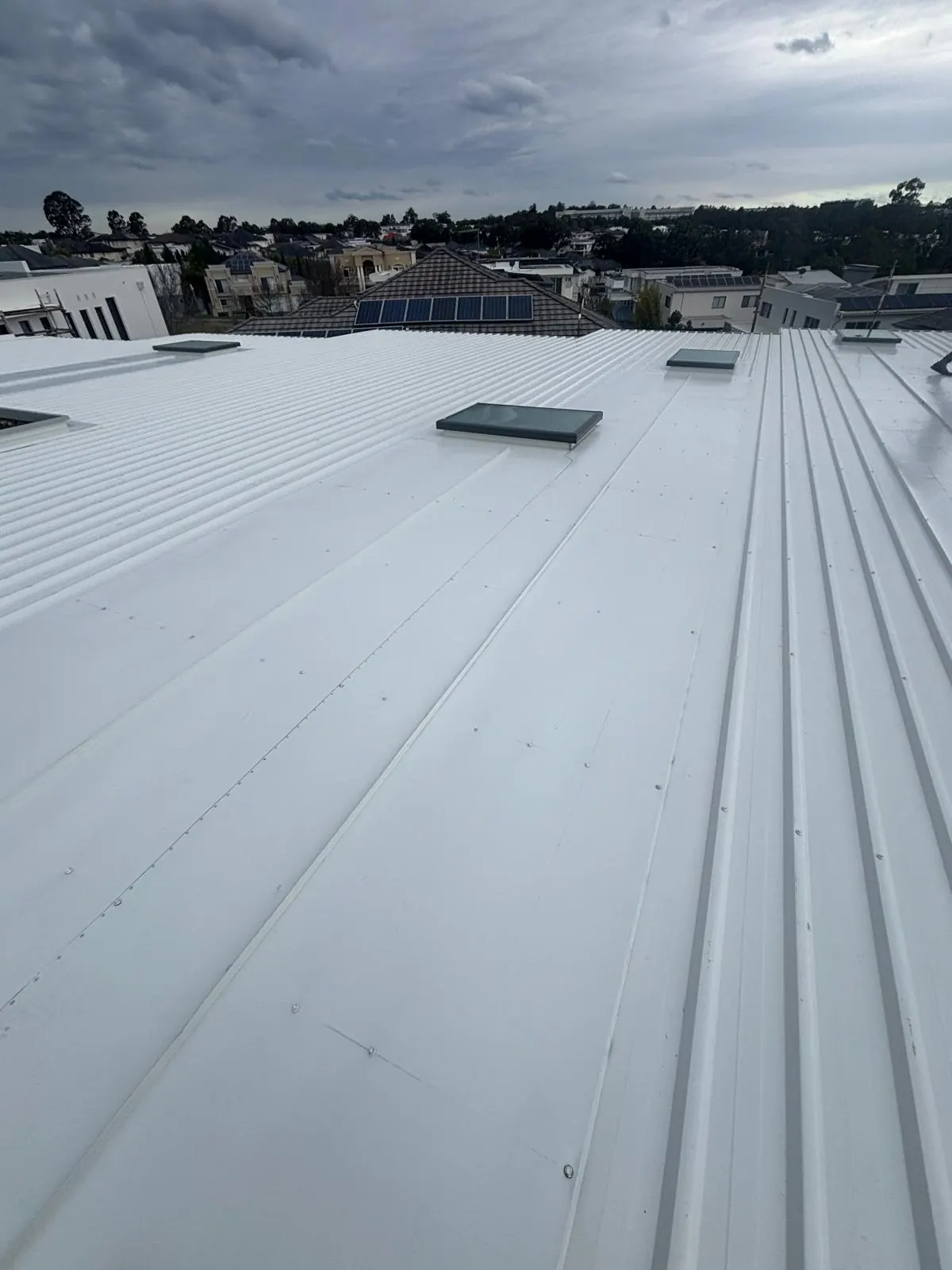White metal roof with integrated skylights